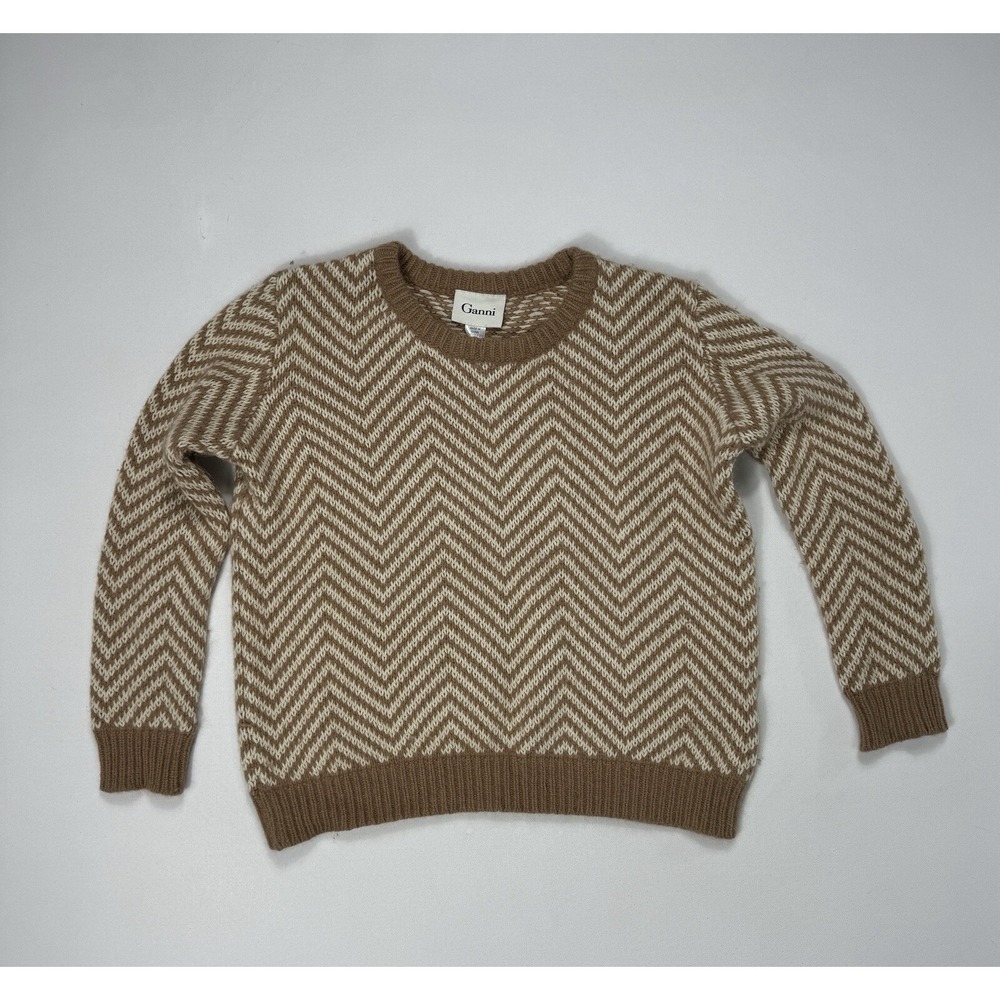 Ganni Anthropologie Candy Floss Herringbone Sweater Medium Brown Wool Angora
